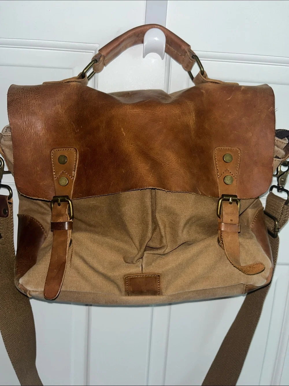 SMRITI Canvas and Leather Messenger Bag - Brown